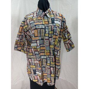 Vintage Columbia Mens Short-Sleeve Button-Up Shirt With Colorful Fishing Adverti